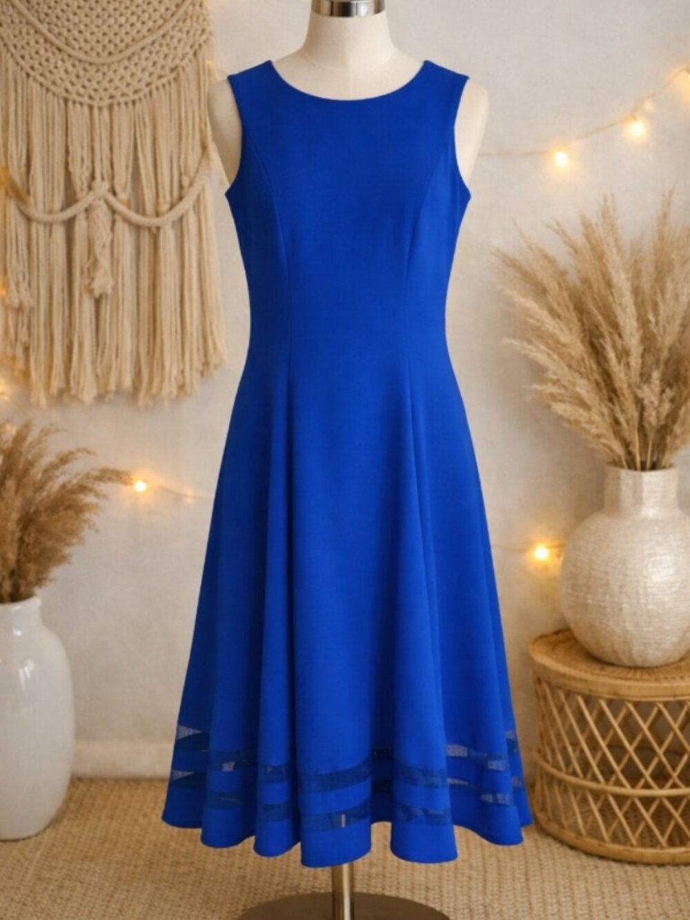 Calvin Klein Royal Blue Mesh Hem Dress 6 Cocktail Party Minimalist Fit and Flare